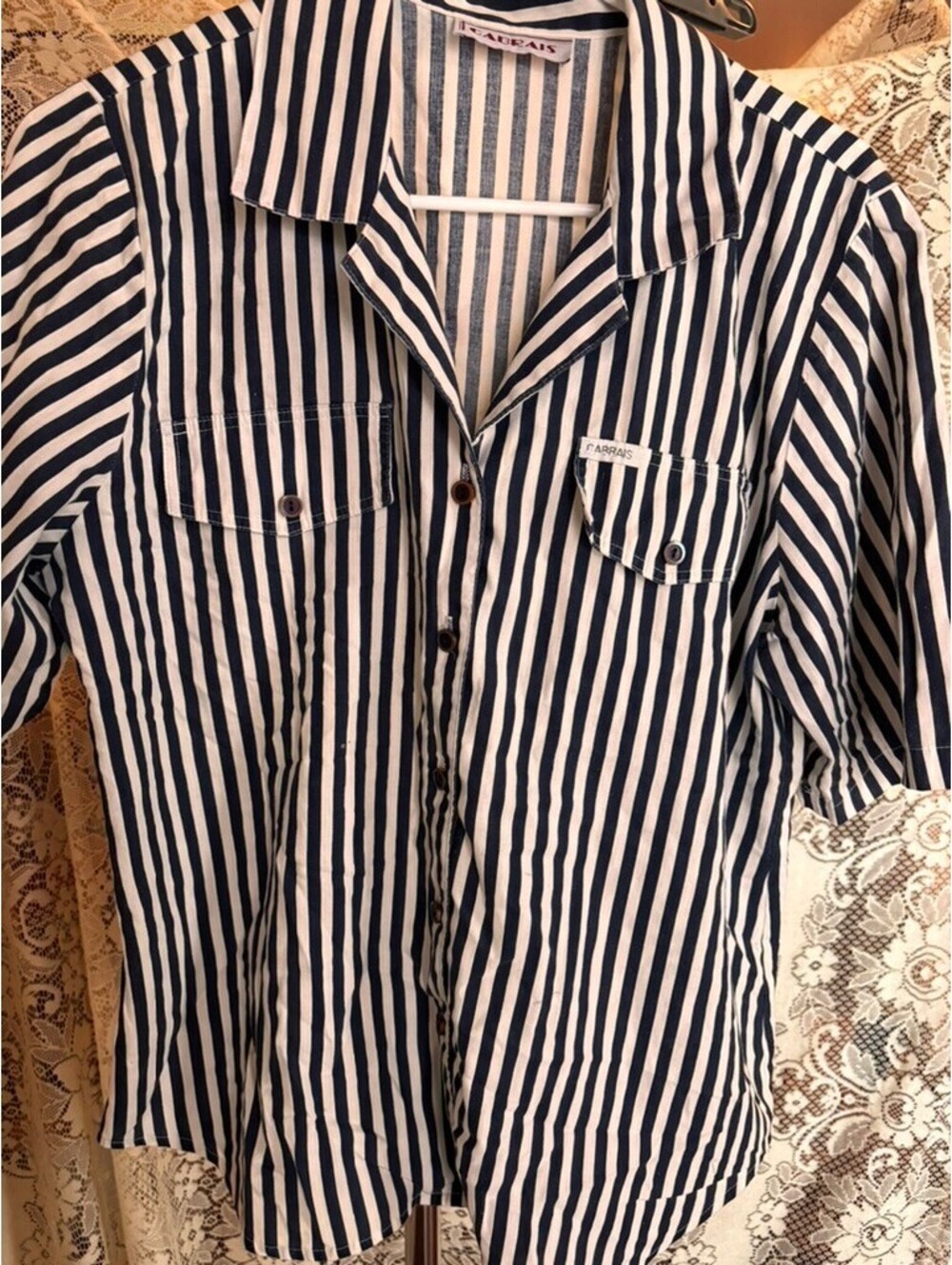 Vintage Carrais Navy White Striped Button Front Shirt Coastal Nautical Blouse